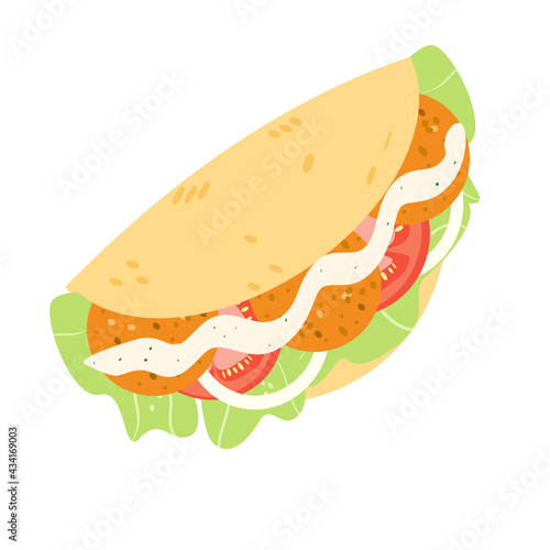Vector falafel with vegetables in pita isolated on white background. Food illustration with vegetarian healthy fast food.