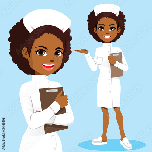 Beautiful young black African American nurse wearing white uniform holding folder