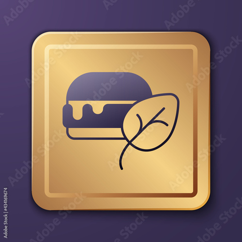 Purple Vegan food diet icon isolated Purple background. Organic, bio, eco symbol. Vegan, no meat, lactose free, healthy, fresh and nonviolent food. Gold square button. Vector