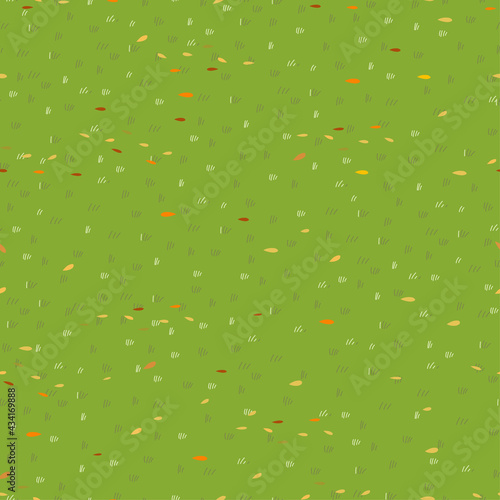 Lawn grass seamless with autumn leaves,Vector cartoon nature green field texture,Cute meadow with orange, yellow leaves in Fall season,Pattern Autumnal background,Endless backdrop for Mid Autumn