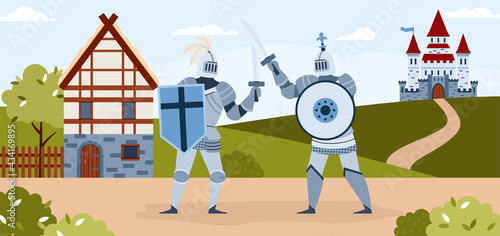 Medieval knights tournament horizontal background, flat vector illustration.