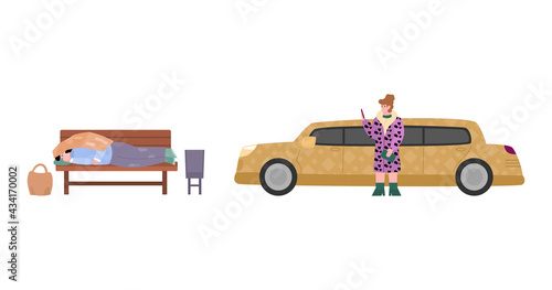Homeless poor man and rich woman getting out of car, flat vector illustration.