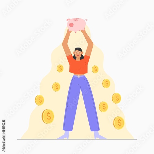 Successful accumulating of money, saving in a piggy bank, management of household finances. Vector illustration with a girl holding a piggy bank.