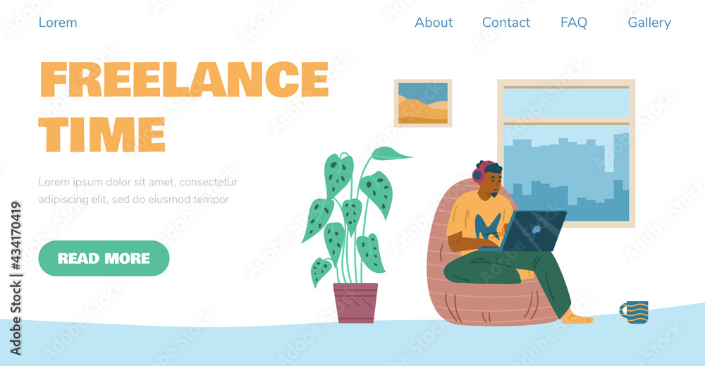 Freelance website with man working on laptop from home, flat vector illustration.