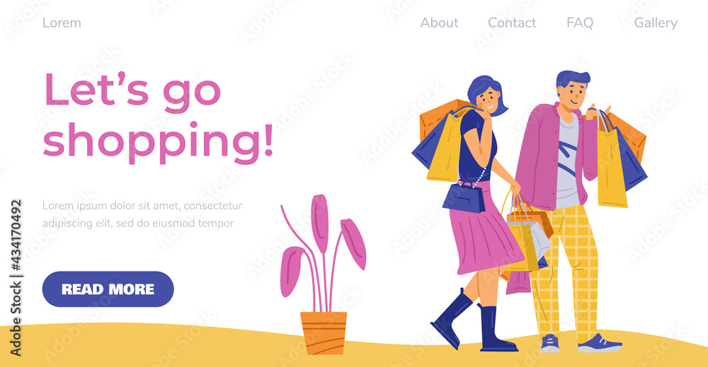 Web banner for shopping event with happy shoppers, flat vector illustration.