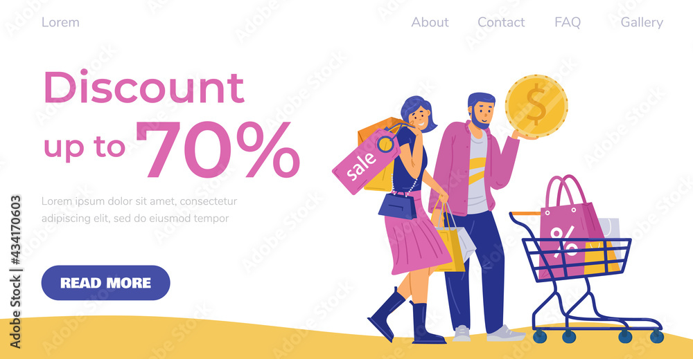 Discount event advertising web page with shoppers, flat vector illustration.