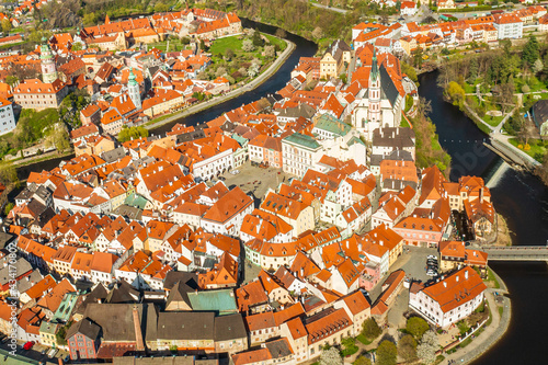 Panoramic view from above of amazing touristic old town Cesky Krumlov and river Vltava, Czech Republic 