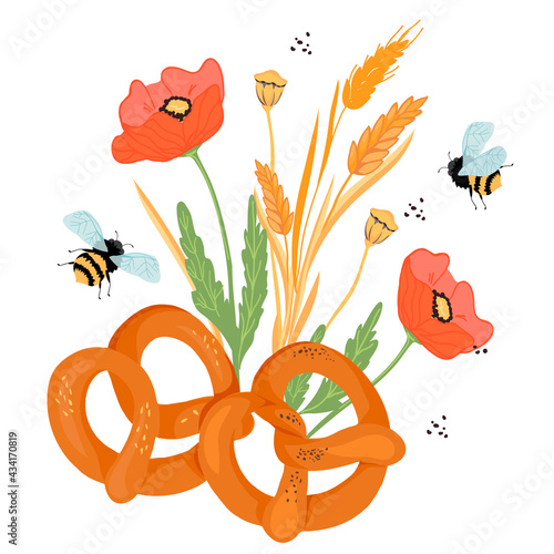 Pretzels with cereal ears, poppy flowers and other plants elements, flat vector illustration isolated on white background. Traditional pretzel or bretzel for bakery or packaging design.
