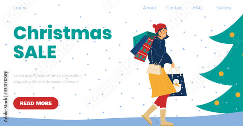Female shopper enjoying big christmas sales and discounts a vector illustration.