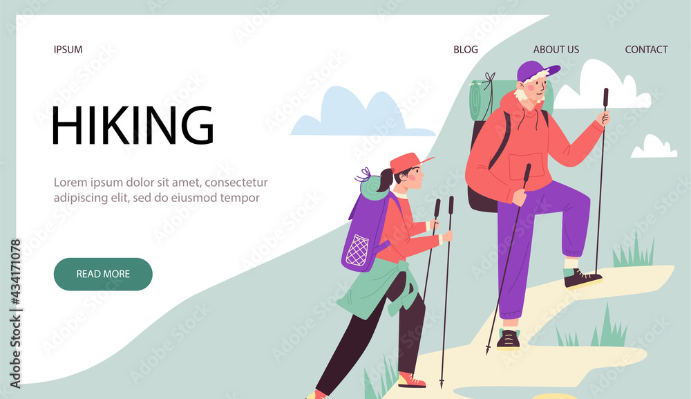 Hiking website with tourists climbing on mountain, flat vector illustration.