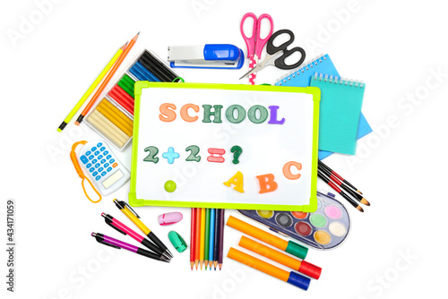 Set of school supplies isolated on white .