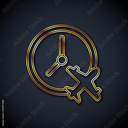Gold line Clock with airplane icon isolated on black background. Designation of time before departure, check-in for flight and arrival time symbol. Vector