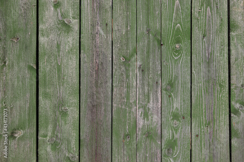 Green Painted Wooden Peeling Off Fence. Rough Texture Background.