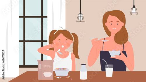 Happy family people eat breakfast food vector illustration. Cartoon young funny mother, cute girl daughter characters eating healthy morning meal, sitting at table together in home kitchen background