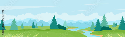 River summer wide panorama landscape illustration. Cartoon natural peaceful scenery with calm river waters, green grass meadow hills, pine fir forest on riverbanks, summertime nature view background.
