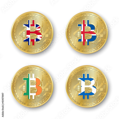 Four golden Bitcoin coins with flags of Britain, Iceland, Ireland and Scotland. Vector cryptocurrency icons isolated on white background. Blockchain technology symbol