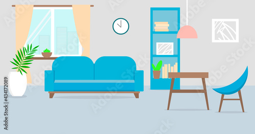 Beautifful blue living room. No people. Flat vector iilustration