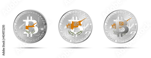 Three Bitcoin crypto coins with the flag of Cyprus. Money of the future. Modern cryptocurrency vector illustration