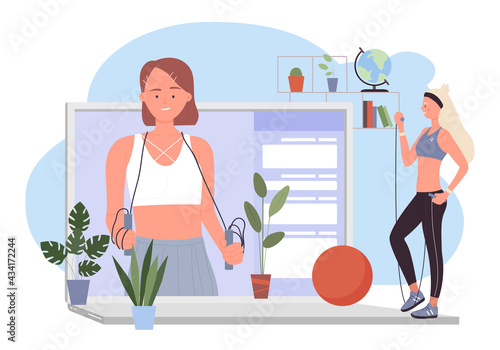 Online fitness sport workout vector illustration. Cartoon active young sportive woman characters in sportswear, holding dumbbells and jump rope, training via internet video call app isolated on white