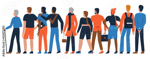 People crowd stand back together vector illustration set. Cartoon diverse group of adult man woman characters standing in row, backside diversity community crowd of different ages isolated on white