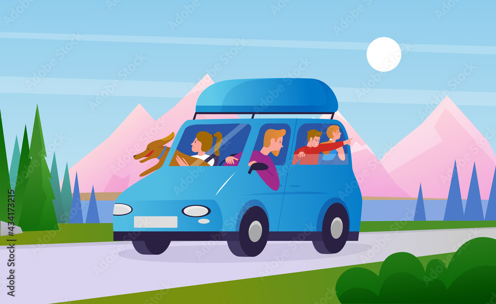 Family people travel in car vector illustration. Cartoon happy travelers, father mother children characters and dog pet ride in automobile vehicle, enjoy auto summer travel on road background