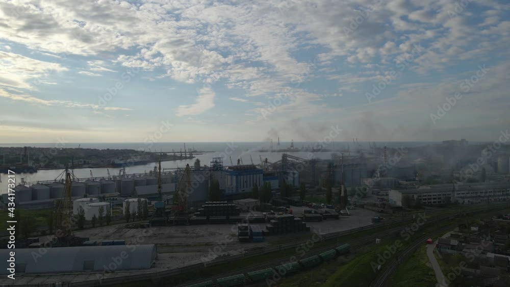 large port factory industry smoke top view storage warehouse cargo loading large port factory industry smoke top view storage warehouse cargo loading