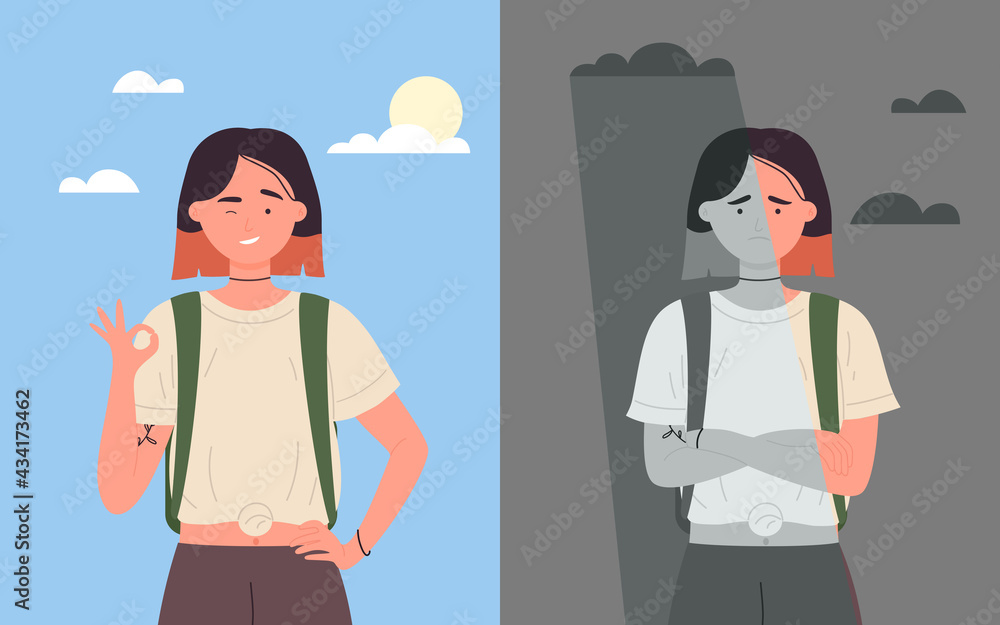 Good and bad mood of girl student vector illustration. Cartoon happy positive female character showing okay gesture, standing in sunny weather, unhappy sad depressed young woman under rain background
