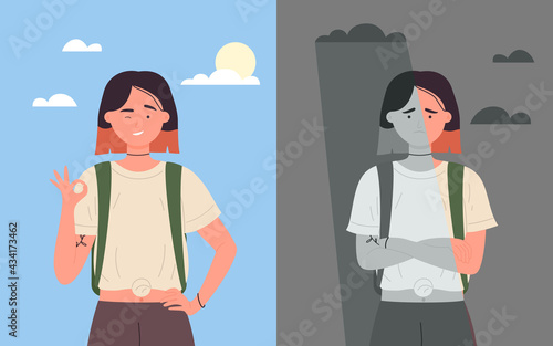 Good and bad mood of girl student vector illustration. Cartoon happy positive female character showing okay gesture, standing in sunny weather, unhappy sad depressed young woman under rain background
