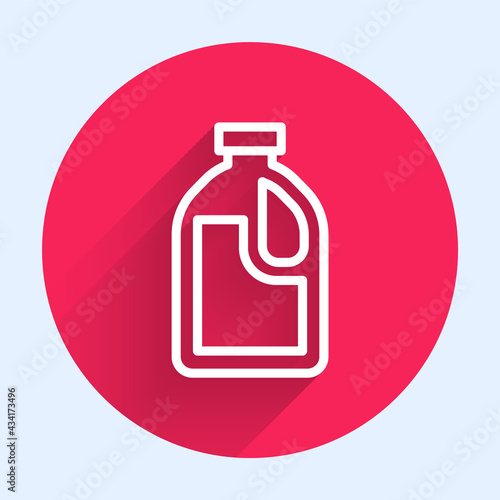 White line Plastic bottle for laundry detergent, bleach, dishwashing liquid or another cleaning agent icon isolated with long shadow. Red circle button. Vector