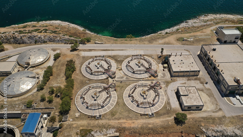 Aerial drone photo of latest technology sewage treatment plant and sludge drying facilities located in Mediterranean island