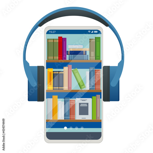 Audiobooks concept. Listening to e-books in audio format. Books online, headphones. Online training banner