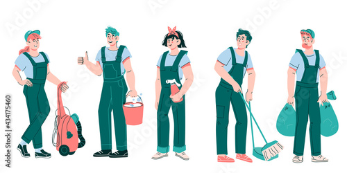 Cleaning company staff cartoon characters - women and men in green uniform overalls with cleaning tools. Cleaners and janitors staff or cleaning service team, cartoon vector illustration isolated.