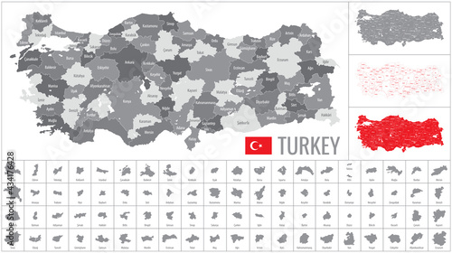 Detailed vector map of regions of Turkey with flag photo