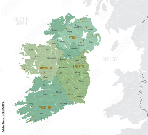 Detailed map of Ireland with administrative divisions into provinces and counties, major cities of the country, vector illustration onwhite background photo