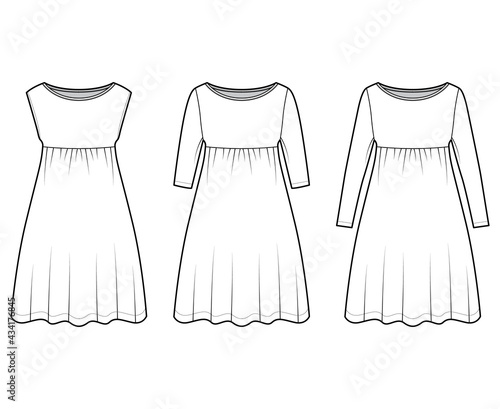 Set of dresses babydoll technical fashion illustration with long elbow sleeves, oversized body, knee length A-line skirt, boat neck. Flat apparel front, white color style. Women, men unisex CAD mockup