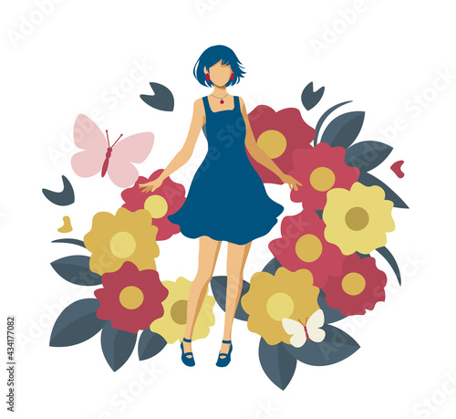 花と蝶と女性のシルエット　人物ベクターイラスト