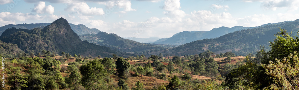 Panorama of beautiful valley landscape in magical Myanmar