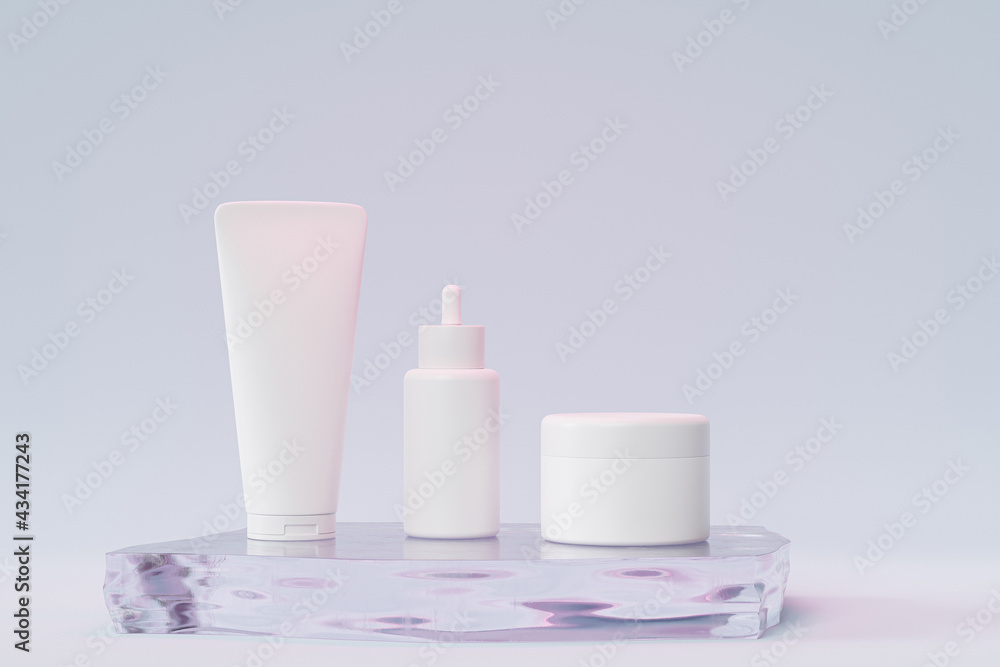 Mockup dropper bottle, lotion tube and cream jar for cosmetics products or advertising on glass podium, 3d illustration render Mockup dropper bottle, lotion tube and cream jar for cosmetics products or advertising on glass podium, 3d illustration render