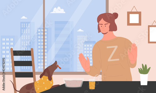 Pet owner training dog, bad dog behavior vector illustration. Cartoon young angry man character talking to sad puppy domestic animal, scolding naughty doggy in home kitchen interior background
