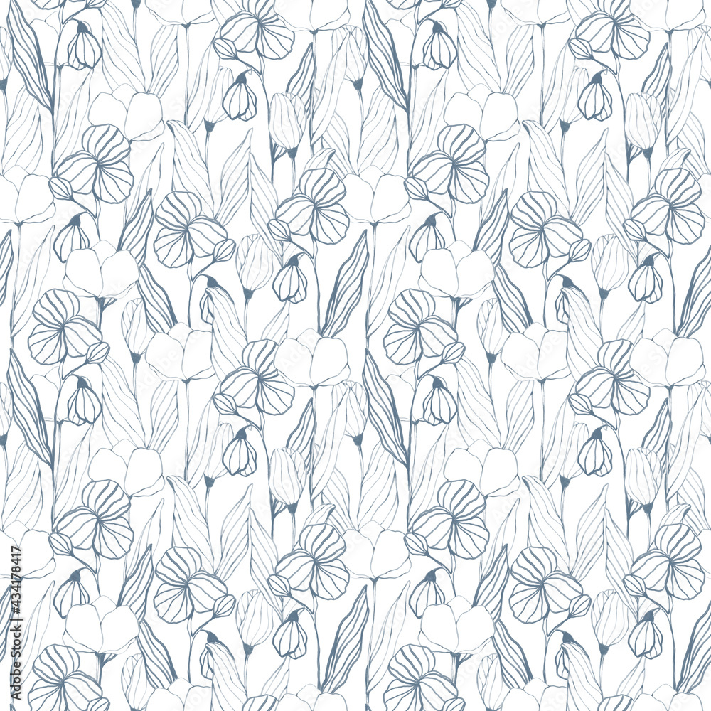 Monochrome graphic flowers on white background seamless pattern. Floral print. Botanical line art ornament for textile, fabric, wallpaper, wrapping paper, design and decoration.