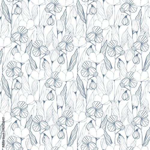 Monochrome graphic flowers on white background seamless pattern. Floral print. Botanical line art ornament for textile, fabric, wallpaper, wrapping paper, design and decoration. © Ксения Хмель