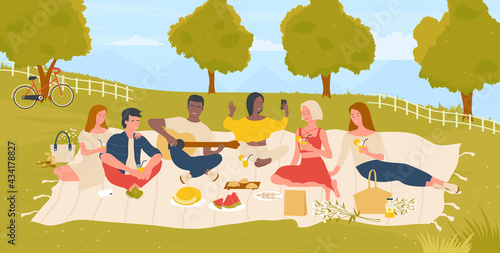 Young people students on picnic in summer nature green park vector illustration. Cartoon happy friends man woman characters enjoy weekend, have fun, eat picnic food together summertime background