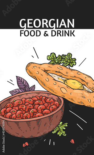 Poster for restaurant menu with healthy georgian food khachapuri and lobio.