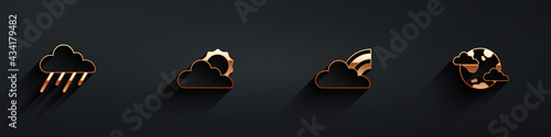 Set Cloud with rain, Sun and cloud weather, Rainbow clouds and Earth planet icon with long shadow. Vector