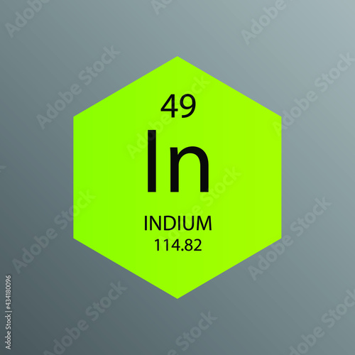 In Indium Post transition metal Chemical Element Periodic Table. Hexagon vector illustration, simple clean style Icon with molar mass and atomic number for Lab, science or chemistry education.