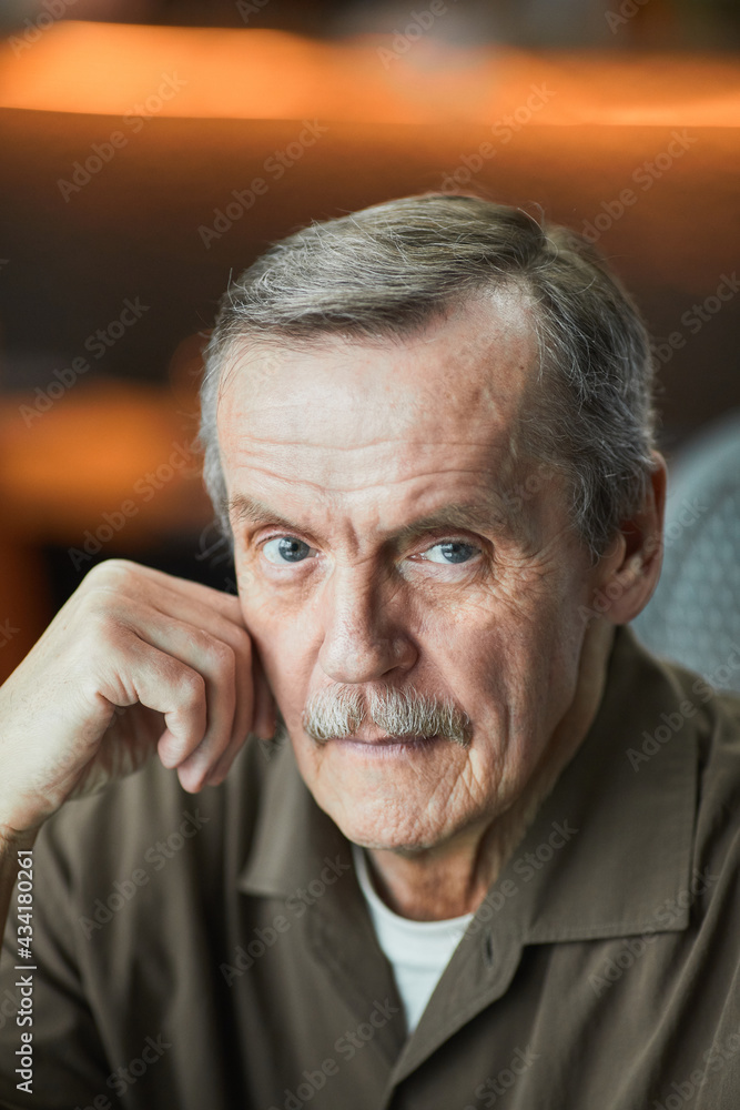 Portrait of serious senior Caucasian man with gray mustache and wrinkles leaning head on hand
