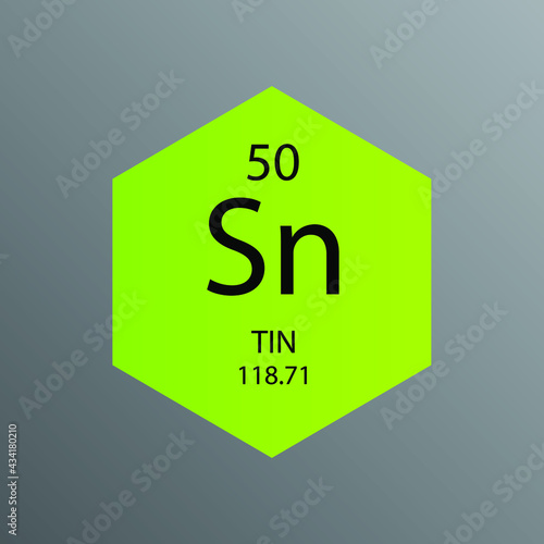 Sn Tin Post transition metal Chemical Element Periodic Table. Hexagon vector illustration, simple clean style Icon with molar mass and atomic number for Lab, science or chemistry education.