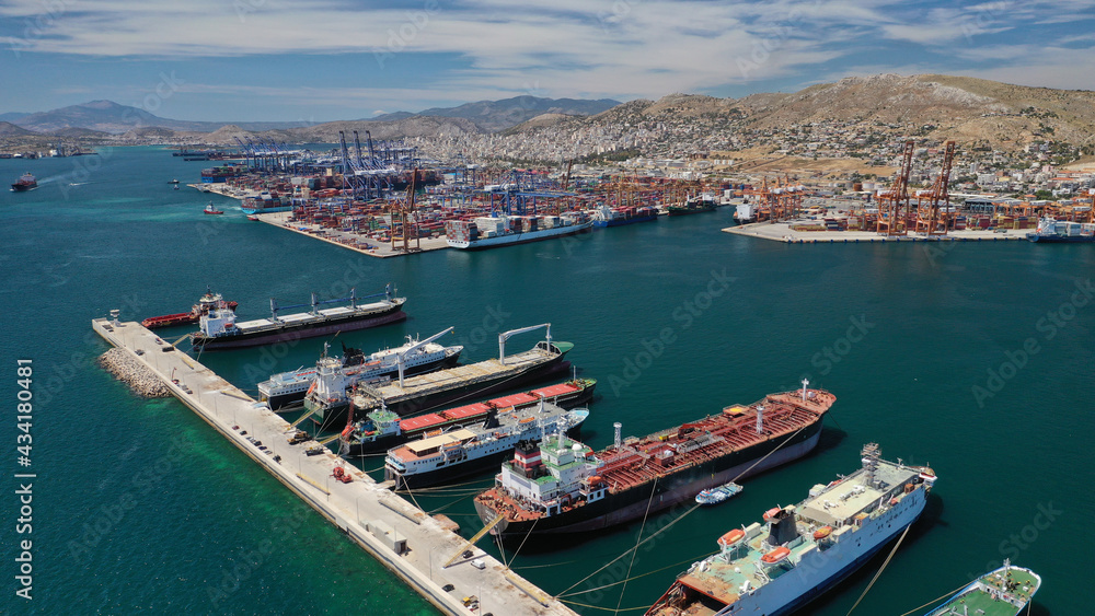 Aerial drone photo of logistics and container terminal of Perama near commercial port of Piraeus, Attica, Greece