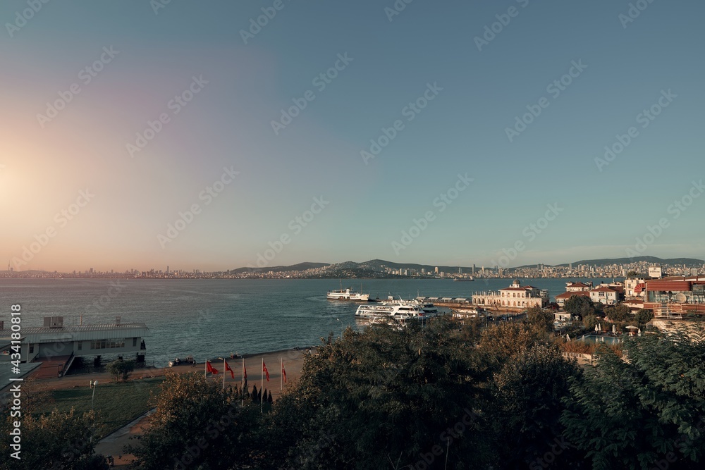 View of distant istanbul from Buyukada island during sunny summer evening. Princes islands vacation