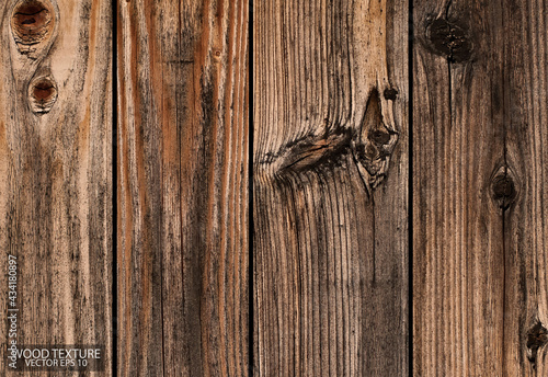 Texture of old wood with knots and scratches, EPS 10 vector. Brown wooden background.